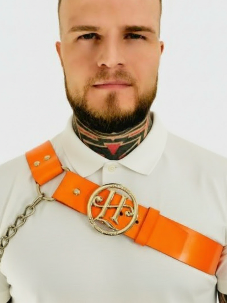 Orange Asymmetrical Leather Harness with Signature Medallion